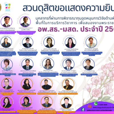 ขอแสดงความยินดีกับบุคลากรมหาวิทยาลัยสวนดุสิตที่ผ่านการพิจารณาทุนอุดหนุนการวิจัยด้านพัฒนาพื้นที่ในการบริการวิชาการ
